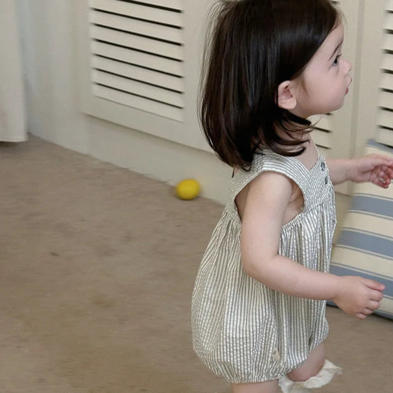 2025 verão novo bebê sem mangas listrado bodysuit algodão infantil menina casual cinta macacão recém-nascido da criança roupas casuais 0-24m