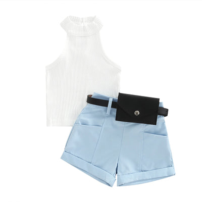 Roupas de três peças para meninas, cor sólida, sem mangas, com nervuras, gola alta, tops + calças curtas com cinto + pacote de cintura pequena 6 meses a 4 anos
