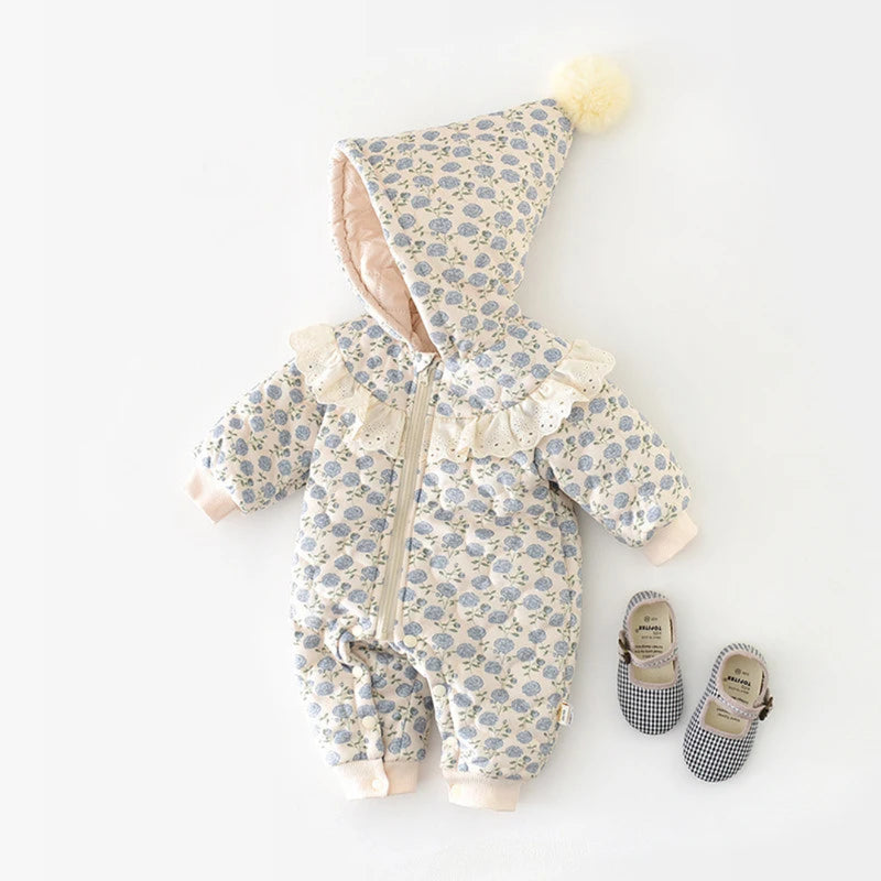 Floral de renda do bebê cheio de macacão de impressão, macacão infantil, casaco grosso quente, roupas doces para meninas, inverno, 0-2 anos