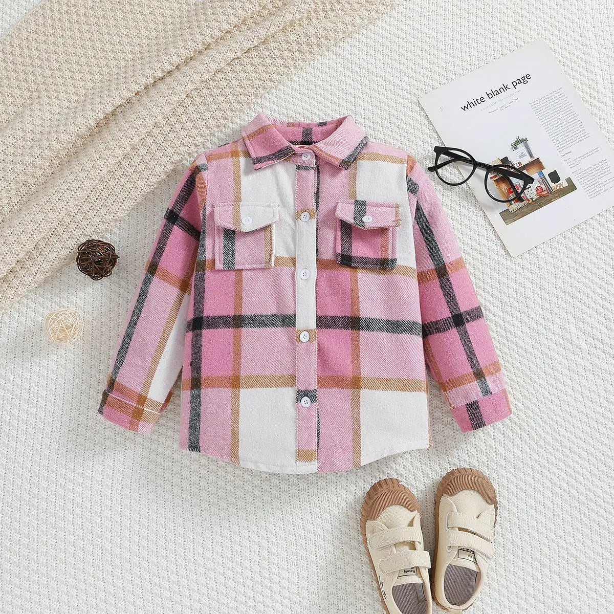 Outono menino menina casaco coreano novas crianças neutro xadrez lapela lã camisa de manga comprida moda cardigan curto