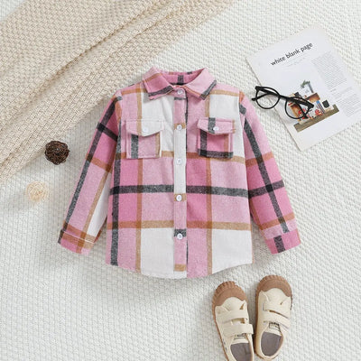 Outono menino menina casaco coreano novas crianças neutro xadrez lapela lã camisa de manga comprida moda cardigan curto