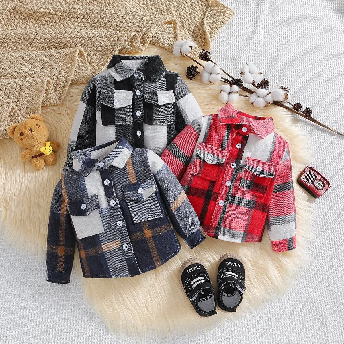 Outono menino menina casaco coreano novas crianças neutro xadrez lapela lã camisa de manga comprida moda cardigan curto