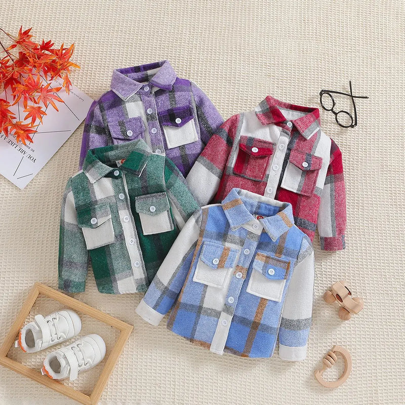 Outono menino menina casaco coreano novas crianças neutro xadrez lapela lã camisa de manga comprida moda cardigan curto