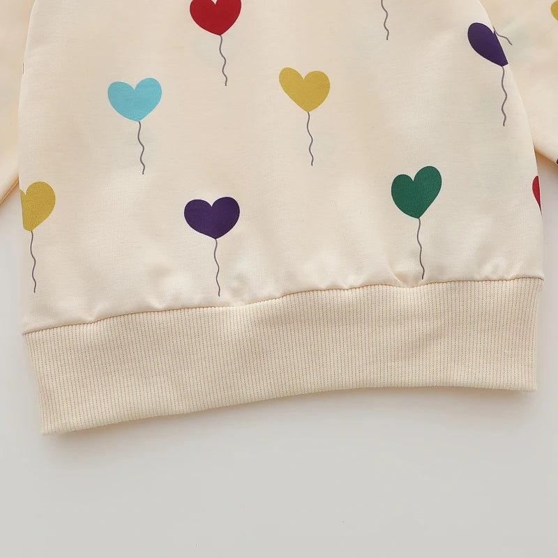 2 peças infantil primavera e outono estampa completa balão amor moda conjunto de calças de manga comprida