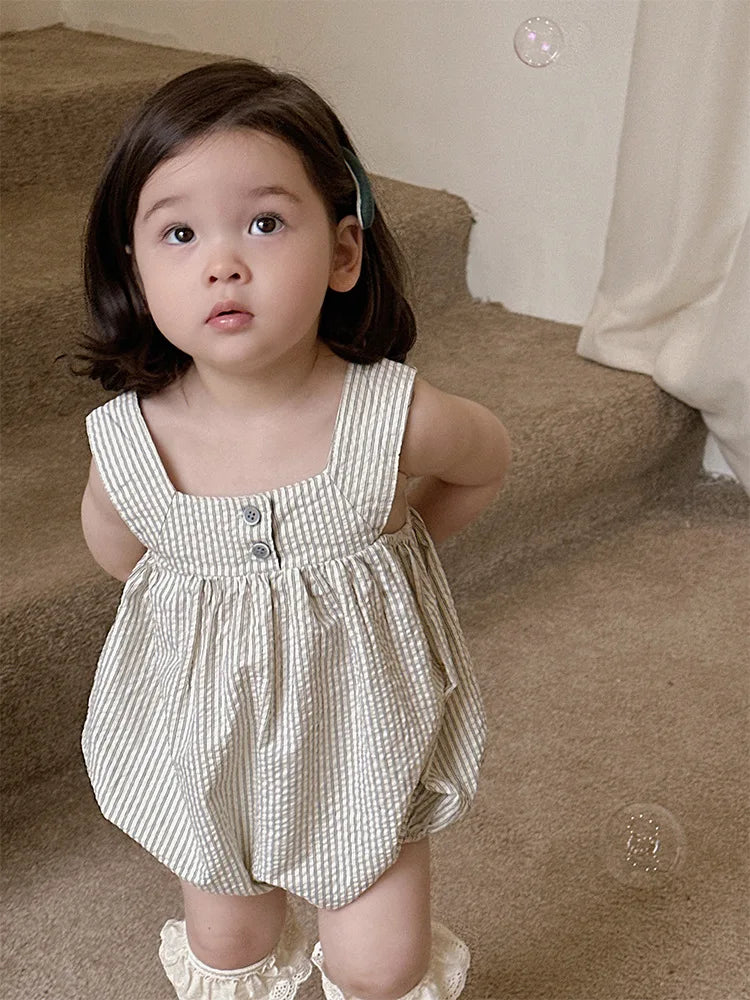 2025 verão novo bebê sem mangas listrado bodysuit algodão infantil menina casual cinta macacão recém-nascido da criança roupas casuais 0-24m