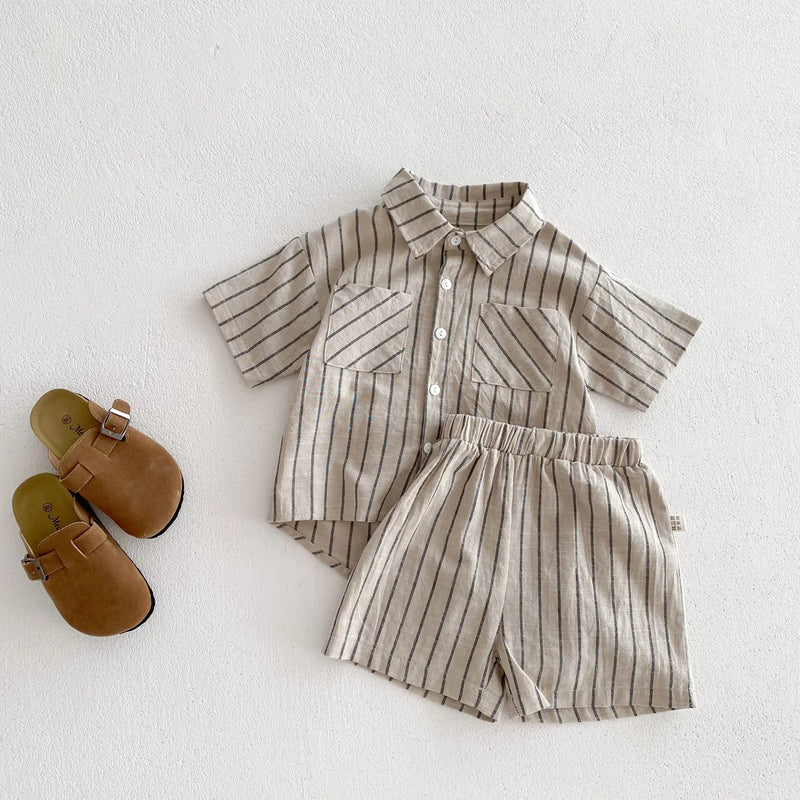 Conjunto de treino listrado infantil, Camisa e shorts com gola virada para baixo, Roupas de meninos e meninas, Roupas infantis, Verão, 2 peças, 2024