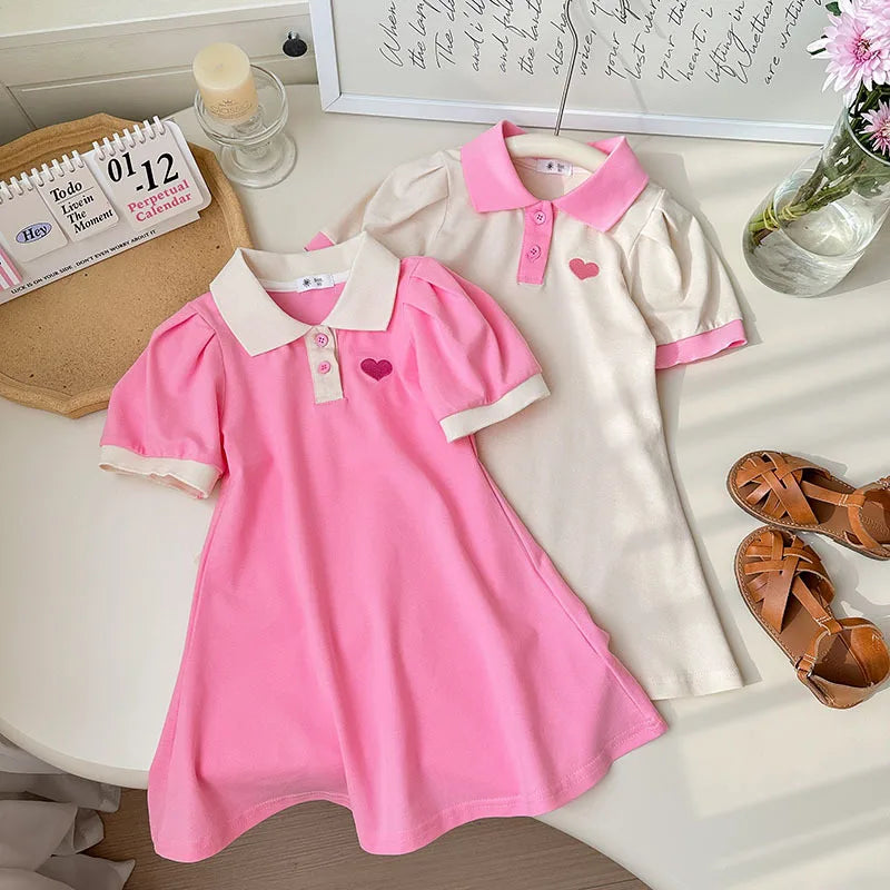 2025 verão elegante meninas camisa polo vestidos 1-7y na moda bordado coração lapela vestido para crianças roupas infantis