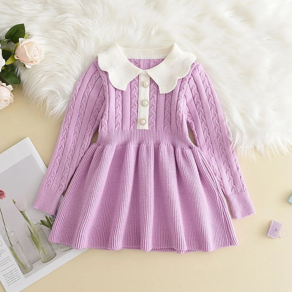 Inverno meninas tricô lã manga longa vestido outono meninas bebê plissado malha princesa camisola vestido roupas casuais