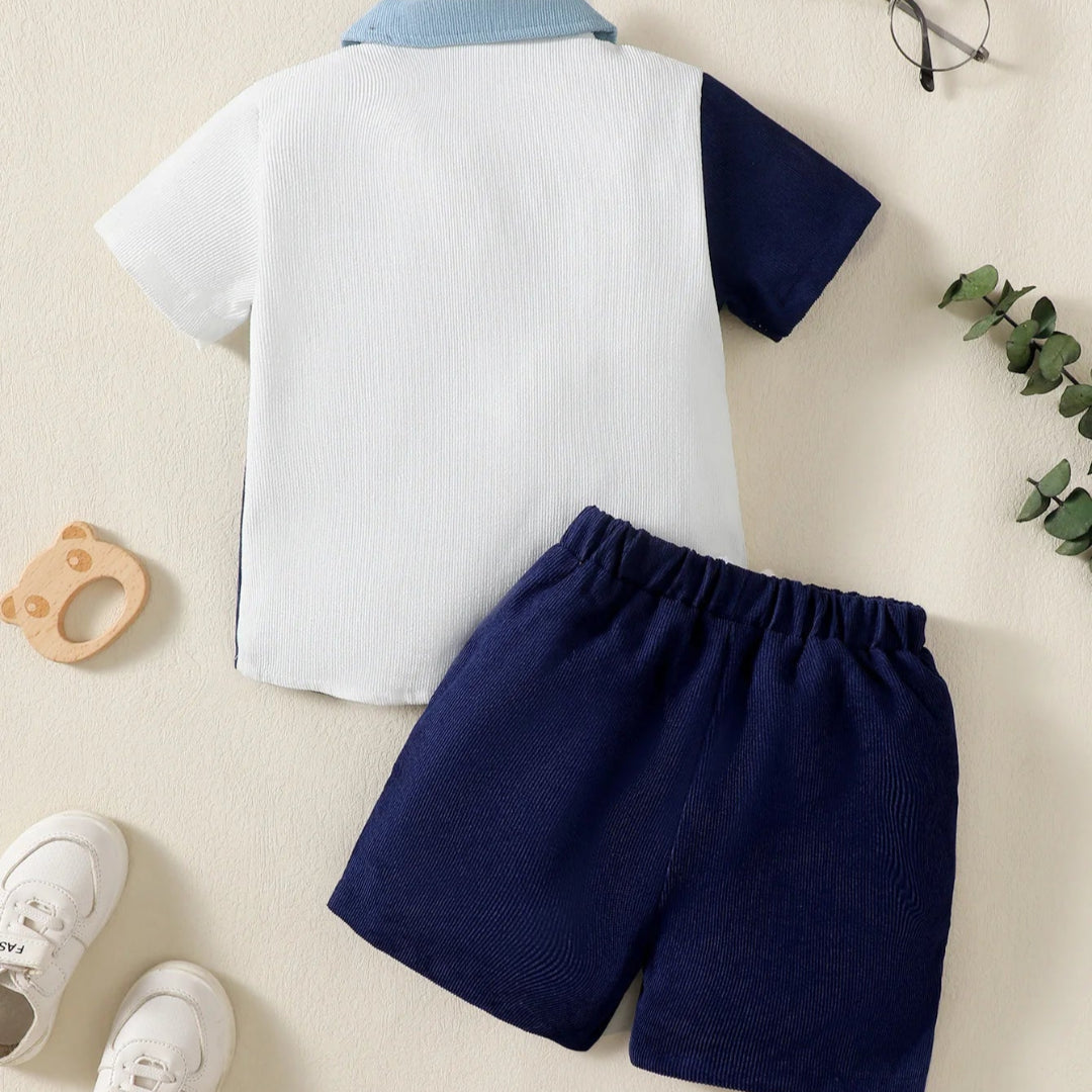 1-6 anos crianças meninos gola flip cor bloqueada pit stripe topo + shorts moda 2 pçs/set ensolarado bonito meninos verão conjunto