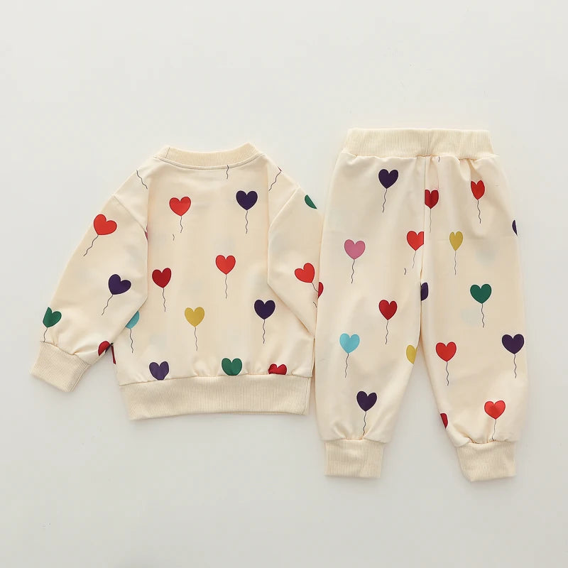 2 peças infantil primavera e outono estampa completa balão amor moda conjunto de calças de manga comprida