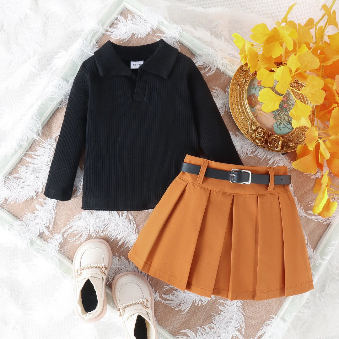 3 pçs outono novo estilo 1-5 anos de idade menina bebê faculdade casual cor sólida manga comprida pit top + saia curta plissada conjunto