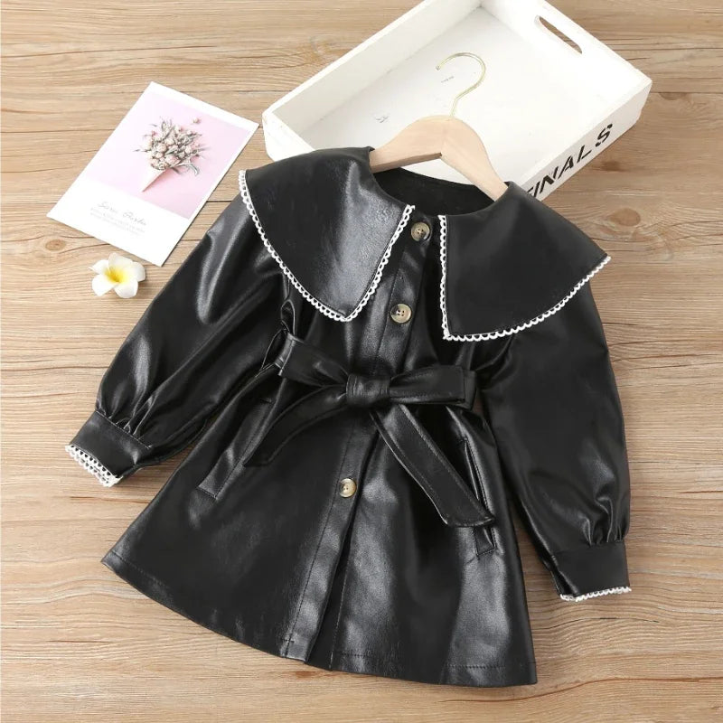 Nova primavera da criança meninas jaquetas de couro do plutônio casaco crianças gola boneca cinto outerwear blusão crianças roupas jaquetas vestido 1-7y