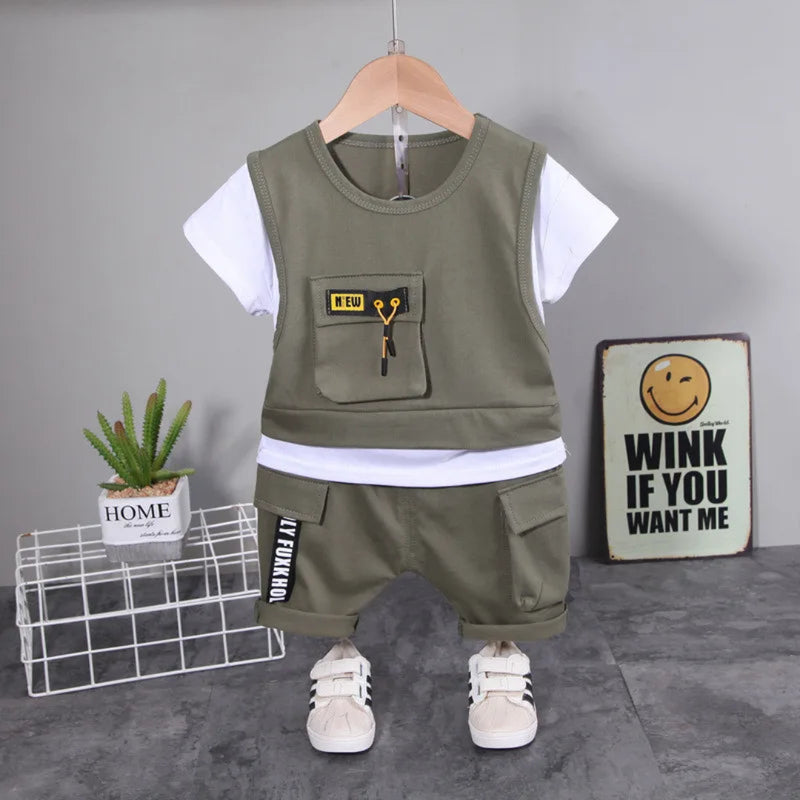 Moda verão crianças retalhos roupas bebê menino menina bolso t camisa shorts 2 pc/set criança casual roupas esportivas crianças agasalhos