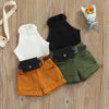 Roupas de três peças para meninas, cor sólida, sem mangas, com nervuras, gola alta, tops + calças curtas com cinto + pacote de cintura pequena 6 meses a 4 anos