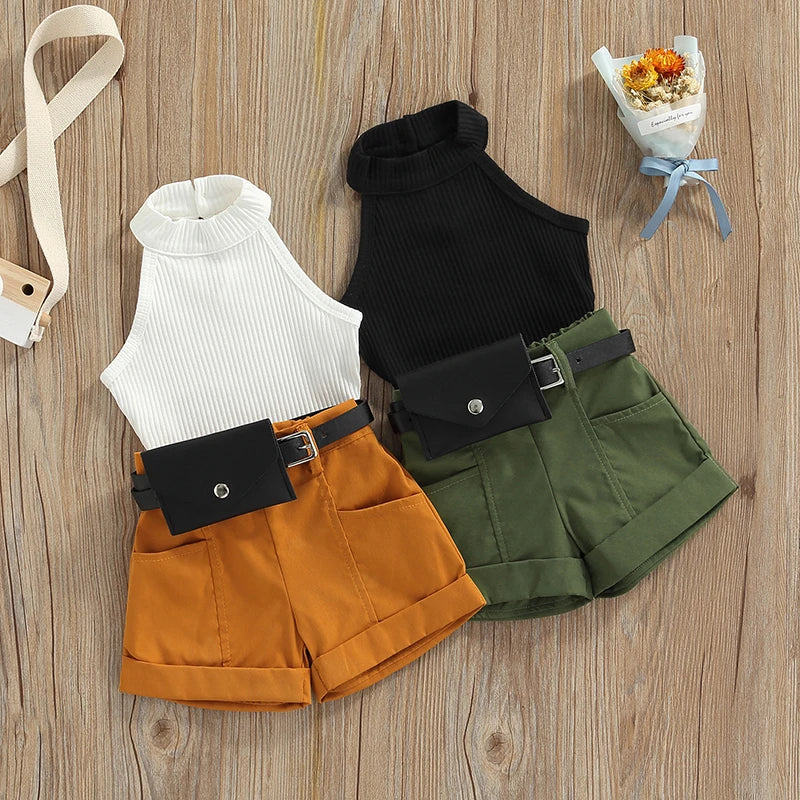 Roupas de três peças para meninas, cor sólida, sem mangas, com nervuras, gola alta, tops + calças curtas com cinto + pacote de cintura pequena 6 meses a 4 anos