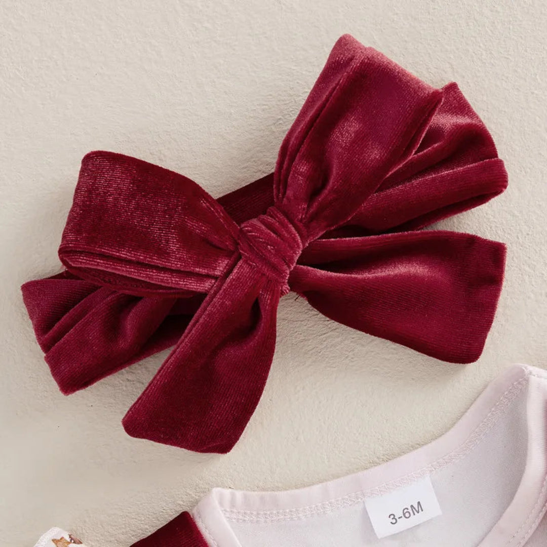Rena Imprimir Bodysuit Manga Longa com Macacão Saia e Headband, Baby Girl Natal Saias Conjuntos, 0 a 18 meses