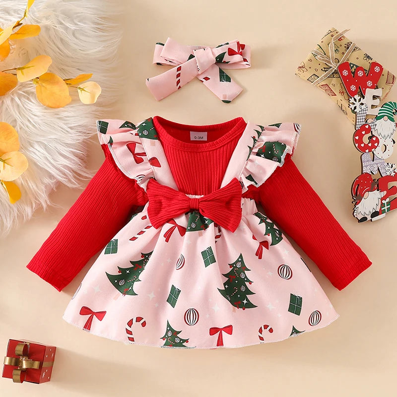 Visgogo-Baby Girls 'Romper com nervuras com arco, saia Suspender e Headband, roupas de Natal, manga comprida, roupas recém-nascidas, 0-24 meses, 3pcs