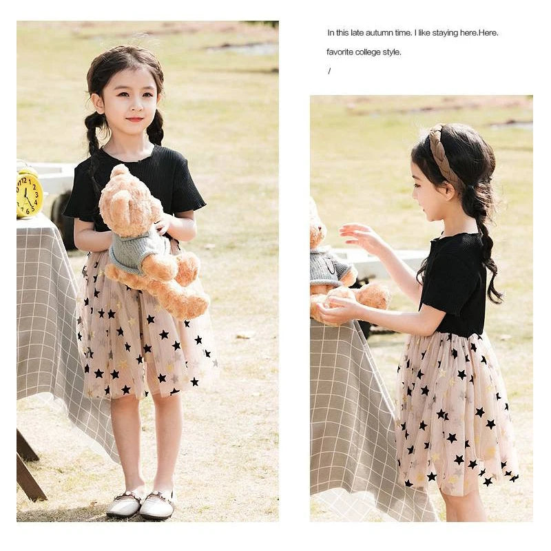 Gaze infantil inchado princesa vestido, estrelas de aniversário, moda casual feminina, elegância para festa, crianças de 1 a 7 anos, verão