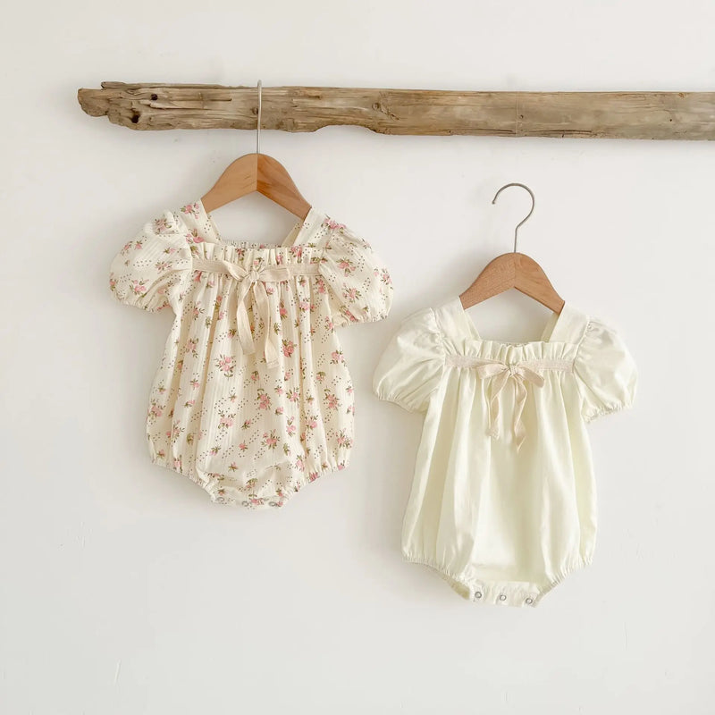 Summer 2025 Baby Girl  Comfortable Sweet-style Cotton Romper - Small Floral Print Bowknot Puff Sleeve Square Neck Bodysuit
