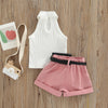 Roupas de três peças para meninas, cor sólida, sem mangas, com nervuras, gola alta, tops + calças curtas com cinto + pacote de cintura pequena 6 meses a 4 anos
