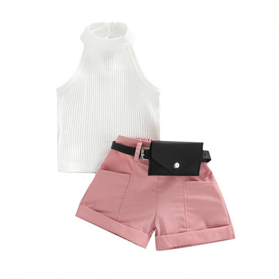 Roupas de três peças para meninas, cor sólida, sem mangas, com nervuras, gola alta, tops + calças curtas com cinto + pacote de cintura pequena 6 meses a 4 anos