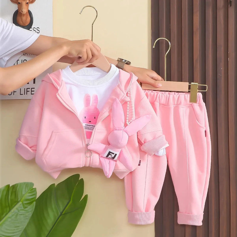 Meninas conjunto de roupas de bebê novo dos desenhos animados das crianças bonito casaco casual camiseta calças 3 peça conjunto primavera e outono crianças roupas