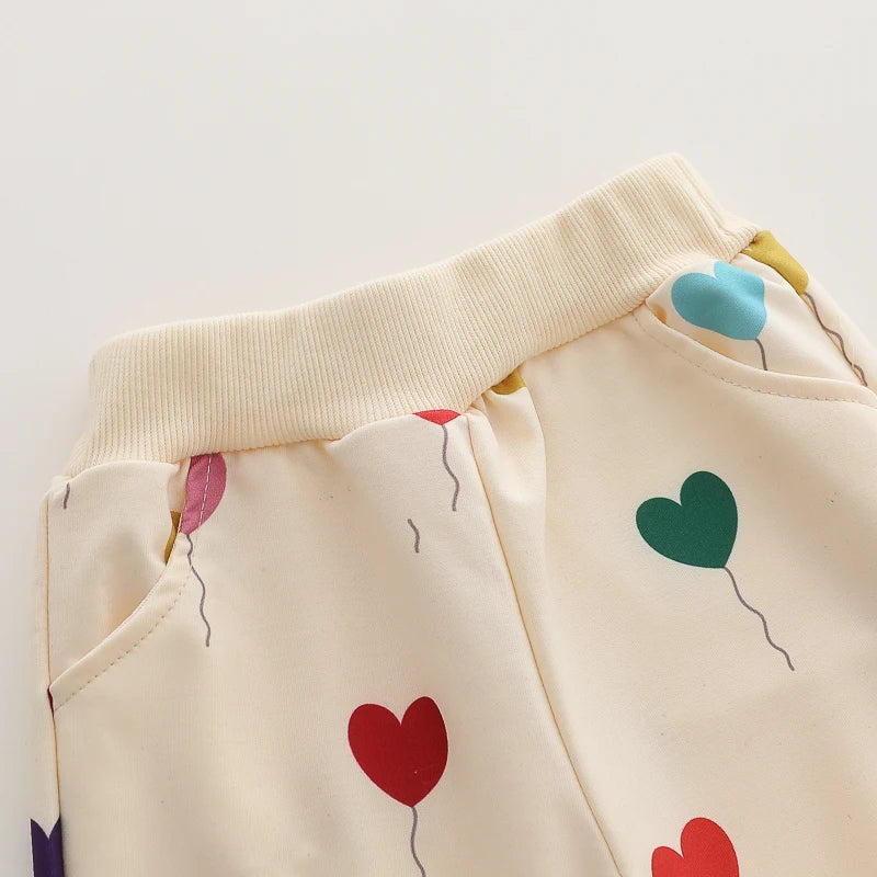 2 peças infantil primavera e outono estampa completa balão amor moda conjunto de calças de manga comprida