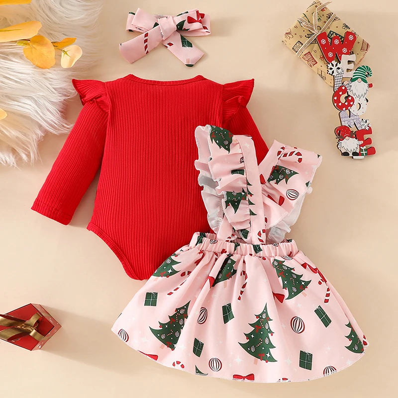 Visgogo-Baby Girls 'Romper com nervuras com arco, saia Suspender e Headband, roupas de Natal, manga comprida, roupas recém-nascidas, 0-24 meses, 3pcs