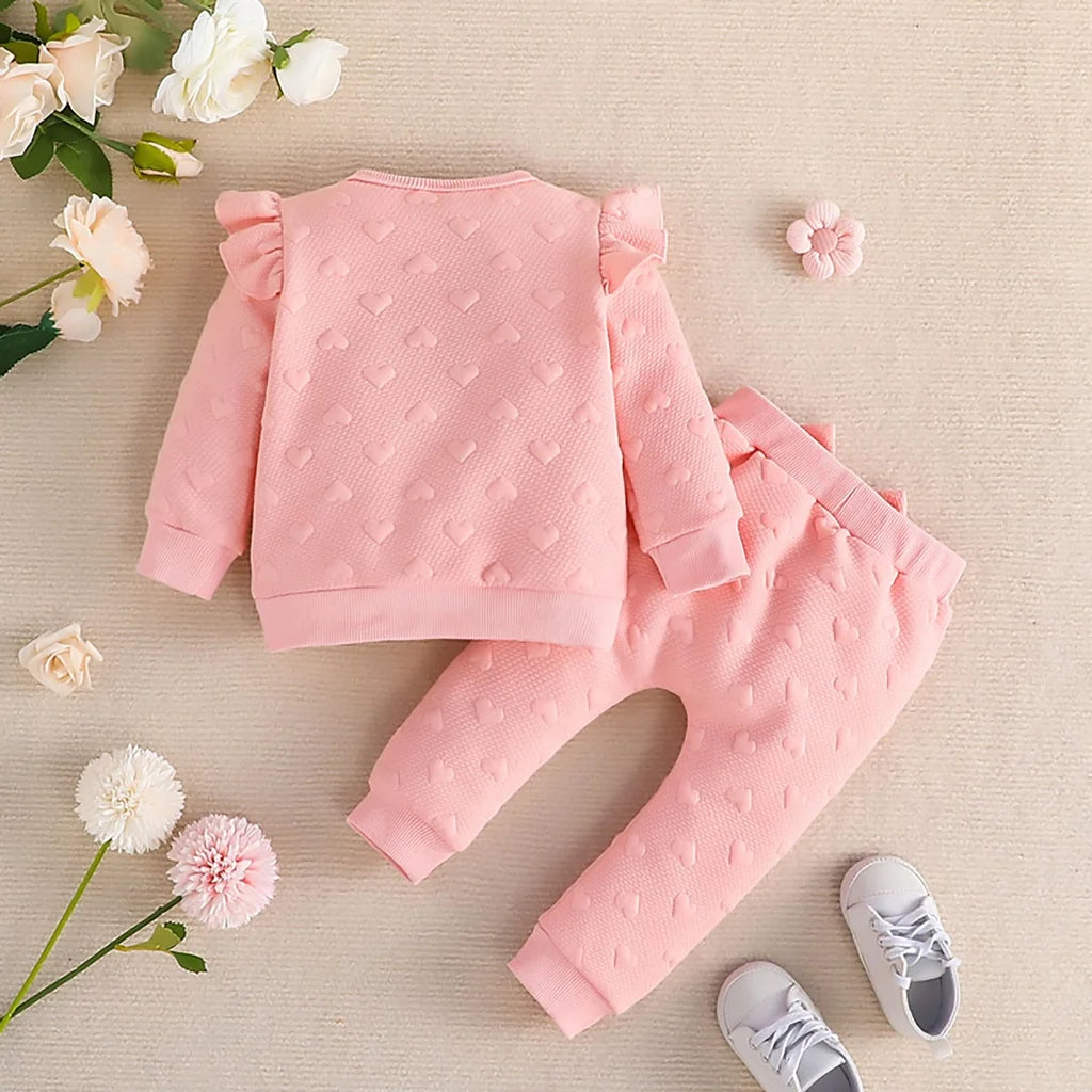 Roupas de bebê recém-nascido terno 3-24 meses manga longa bonito em forma de coração impresso babados camiseta e arco frontal calças terno