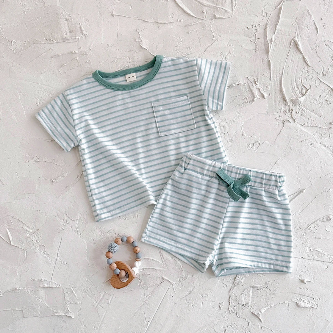 2025 verão bebê recém-nascido menino e meninas conjunto de roupas lazer listra verde camisa + shorts roupas terno esportivo crianças 2 pçs/set