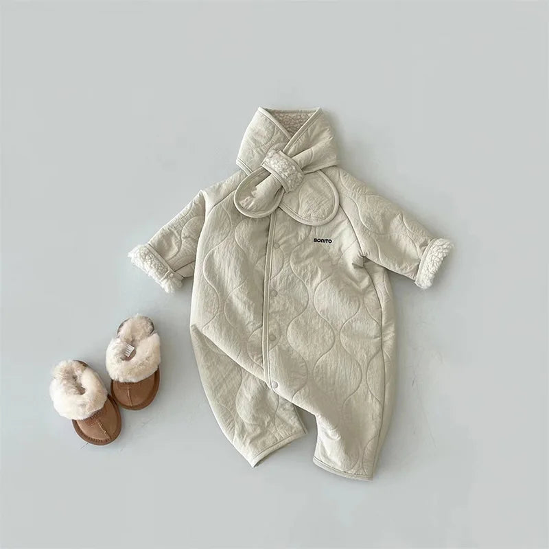 Macacão de bebê coreano cachecol conjunto outono inverno lã de cordeiro macacão para meninos meninas da criança roupas infantis soltas recém-nascidos macacão 2 pçs